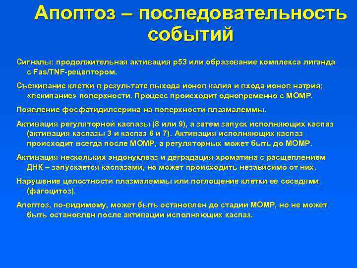 Апоптоз – последовательность событий Сигналы: продолжительная активация р53 или образование комплекса лиганда с Fas/TNF-рецептором.