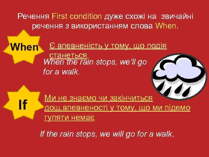 Речення First condition дуже схожі на звичайні речення з використанням слова When If Є