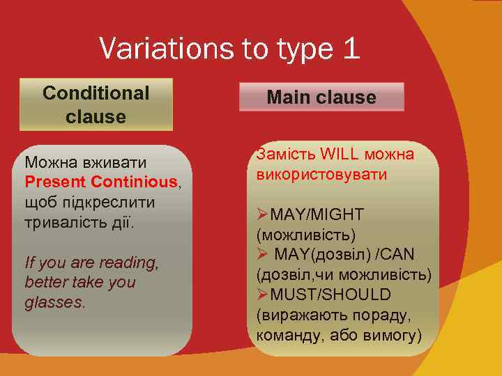 Variations to type 1 Conditional clause Можна вживати Present Continious, щоб підкреслити тривалість дії.