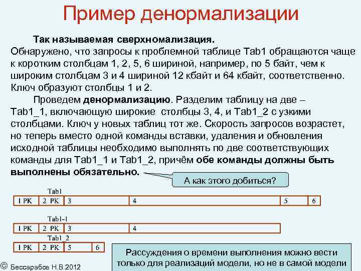 Пример денормализации Так называемая сверхномализация. Обнаружено, что запросы к проблемной таблице Tab 1 обращаются