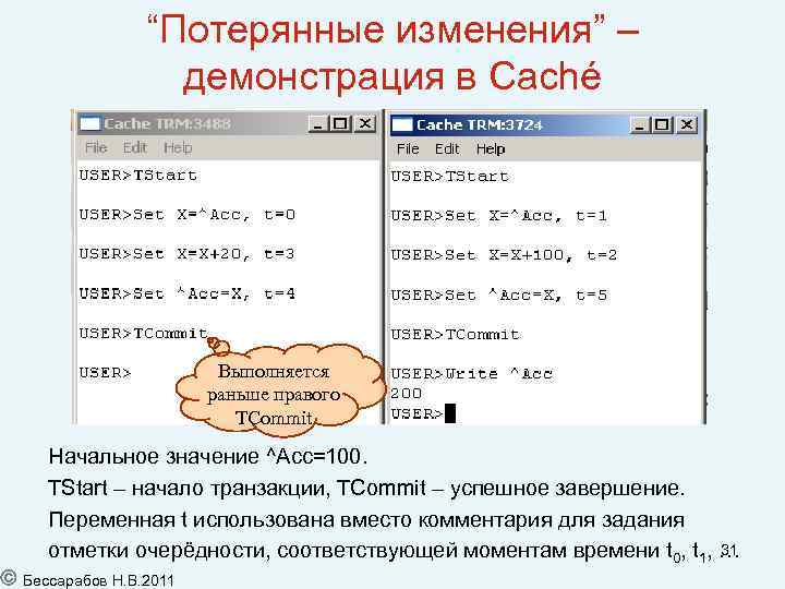 “Потерянные изменения” – демонстрация в Caché Выполняется раньше правого TCommit Начальное значение ^Acc=100. TStart