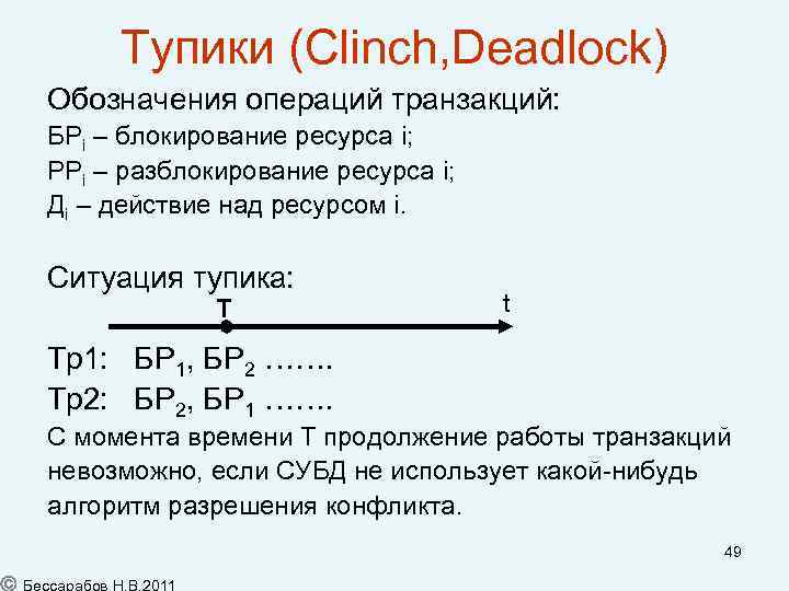 Тупики (Clinch, Deadlock) Обозначения операций транзакций: БРi – блокирование ресурса i; РРi – разблокирование