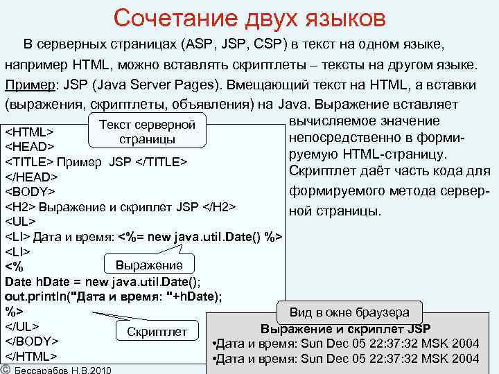 Сочетание двух языков В серверных страницах (ASP, JSP, CSP) в текст на одном языке,