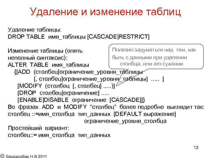 Удаление и изменение таблиц Удаление таблицы: DROP TABLE имя_таблицы [CASCADE|RESTRICT] Полезно задуматься над тем,