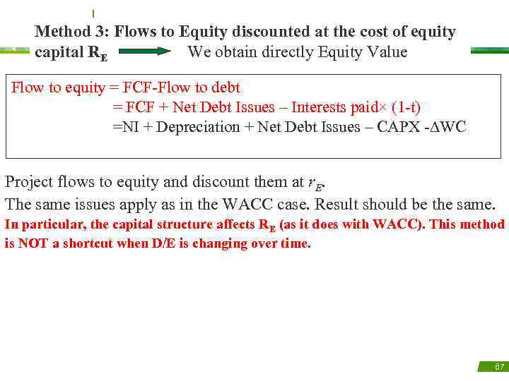 Method 3: Flows to Equity discounted at the cost of equity capital RE We