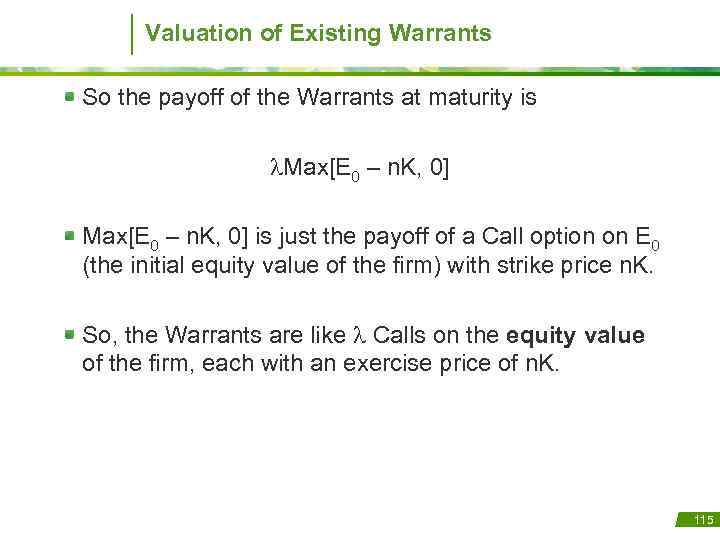 Valuation of Existing Warrants So the payoff of the Warrants at maturity is Max[E