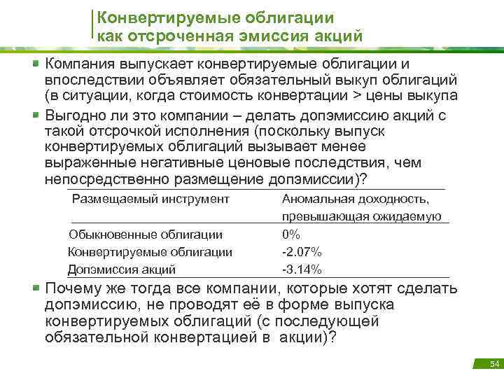 Конвертируемые облигации как отсроченная эмиссия акций Компания выпускает конвертируемые облигации и впоследствии объявляет обязательный