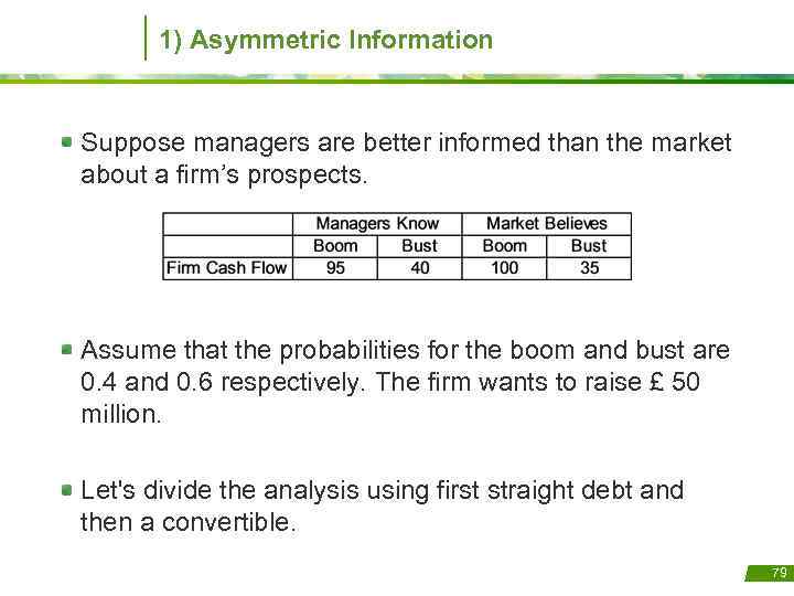 1) Asymmetric Information Suppose managers are better informed than the market about a firm’s