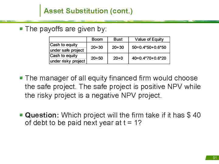 Asset Substitution (cont. ) The payoffs are given by: The manager of all equity