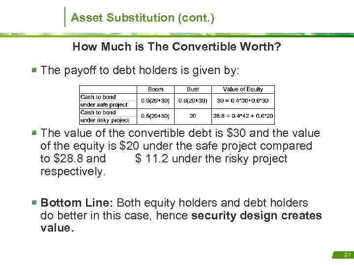 Asset Substitution (cont. ) How Much is The Convertible Worth? The payoff to debt