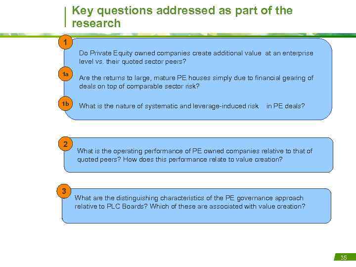 Key questions addressed as part of the research 1 Do Private Equity owned companies