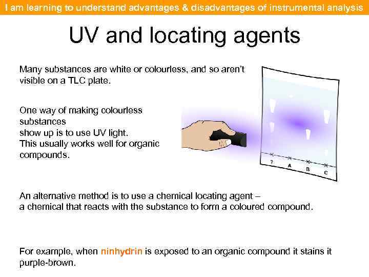 I am learning to understand advantages & disadvantages of instrumental analysis UV and locating