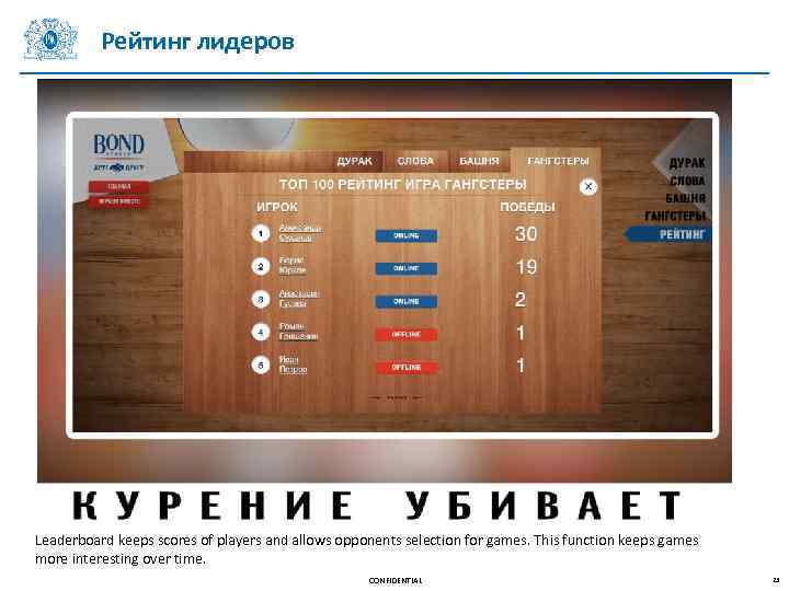 Рейтинг лидеров Leaderboard keeps scores of players and allows opponents selection for games. This