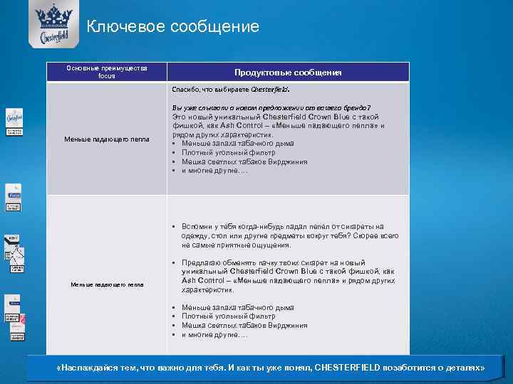 Ключевое сообщение Основные преимущества focus Продуктовые сообщения Спасибо, что выбираете Chesterfield. Меньше падающего пепла