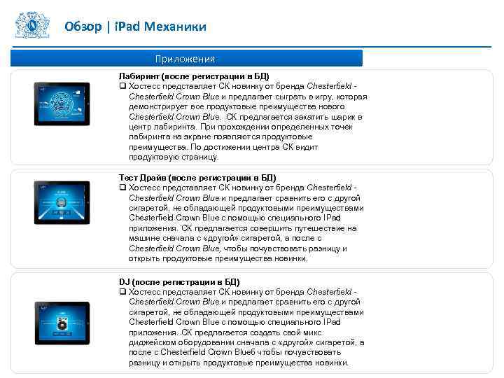 Обзор | i. Pad Механики Приложения Лабиринт (после регистрации в БД) q Хостесс представляет