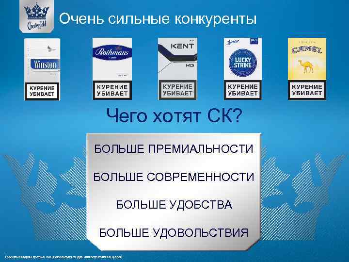 Очень сильные конкуренты Чего хотят СК? БОЛЬШЕ ПРЕМИАЛЬНОСТИ БОЛЬШЕ СОВРЕМЕННОСТИ БОЛЬШЕ УДОБСТВА БОЛЬШЕ УДОВОЛЬСТВИЯ
