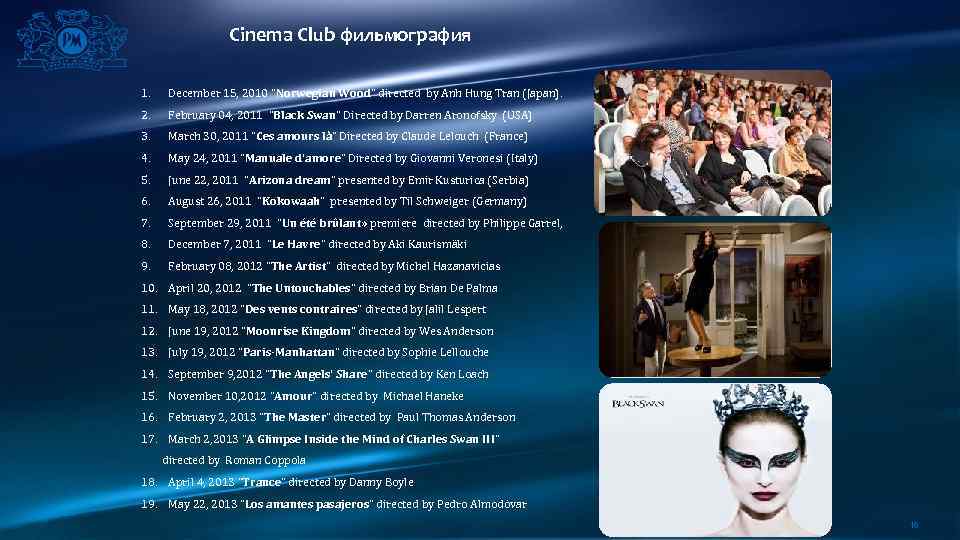 Cinema Club фильмография 1. December 15, 2010 “Norwegian Wood” directed by Anh Hung Tran