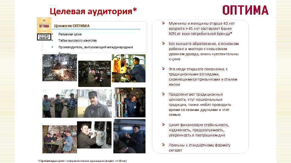 Целевая аудитория* Ценности ОПТИМА • Разумная цена • Табак высокого качества • Производитель, выпускающий