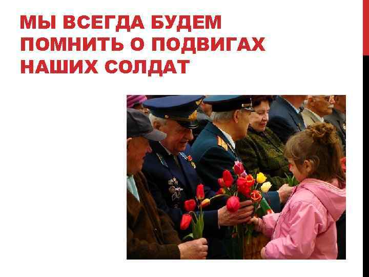 МЫ ВСЕГДА БУДЕМ ПОМНИТЬ О ПОДВИГАХ НАШИХ СОЛДАТ 
