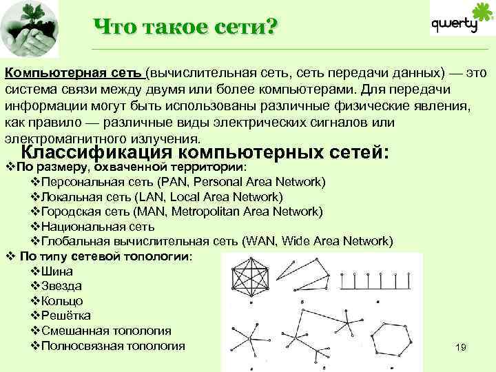 Что такое сети? Компьютерная сеть (вычислительная сеть, сеть передачи данных) — это система связи