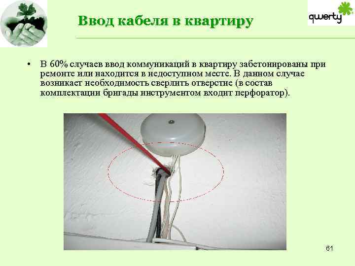 Ввод кабеля в квартиру • В 60% случаев ввод коммуникаций в квартиру забетонированы при