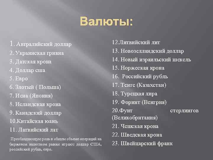 Валюты: 1. Автралийский доллар 2. Украинская гривна 3. Датская крона 4. Доллар сша 5.