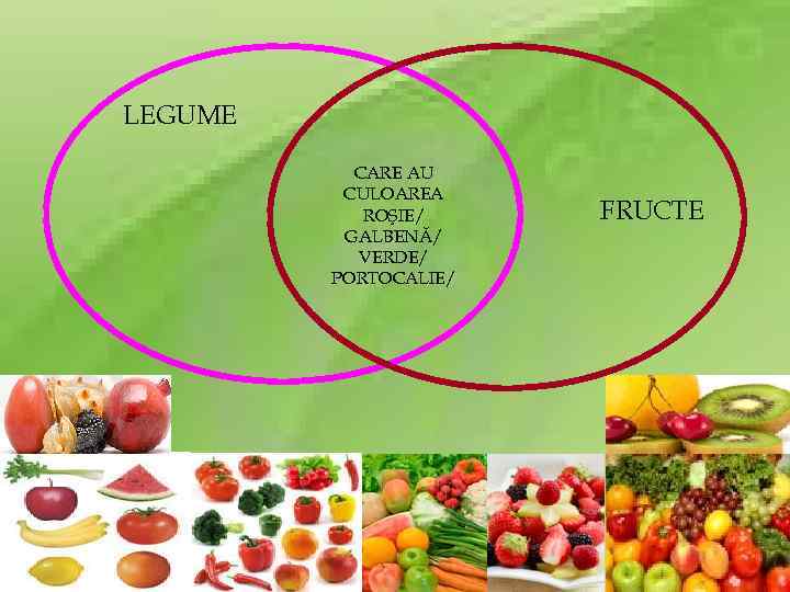 LEGUME CARE AU CULOAREA ROŞIE/ GALBENĂ/ VERDE/ PORTOCALIE/ FRUCTE 