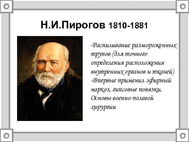 Н. И. Пирогов 1810 -1881 -Распиливание размороженных трупов (для точного определения расположения внутренних органов
