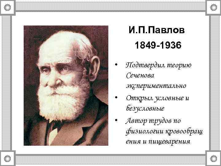 И. П. Павлов 1849 -1936 • Подтвердил теорию Сеченова экспериментально • Открыл условные и