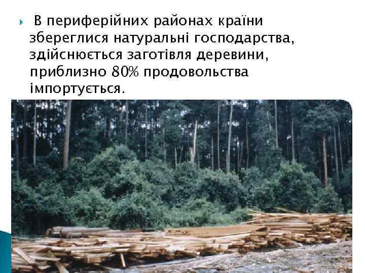  В периферійних районах країни збереглися натуральні господарства, здійснюється заготівля деревини, приблизно 80% продовольства