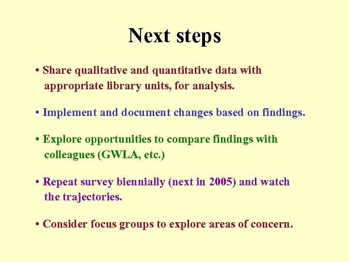 Next steps • Share qualitative and quantitative data with appropriate library units, for analysis.