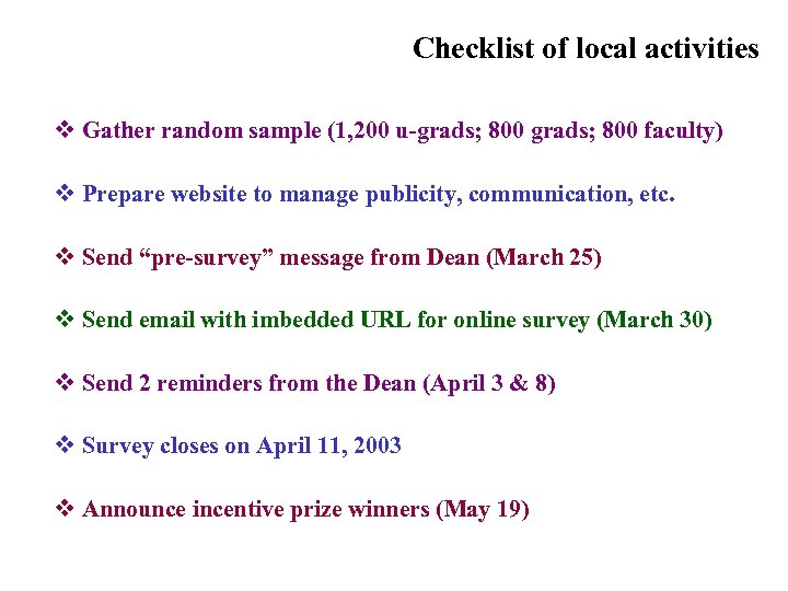 Checklist of local activities v Gather random sample (1, 200 u-grads; 800 faculty) v