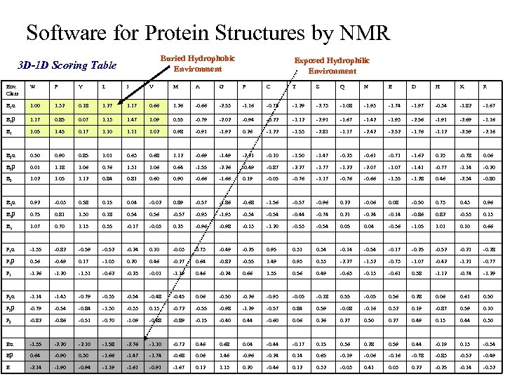 Software for Protein Structures by NMR Buried Hydrophobic Environment 3 D-1 D Scoring Table