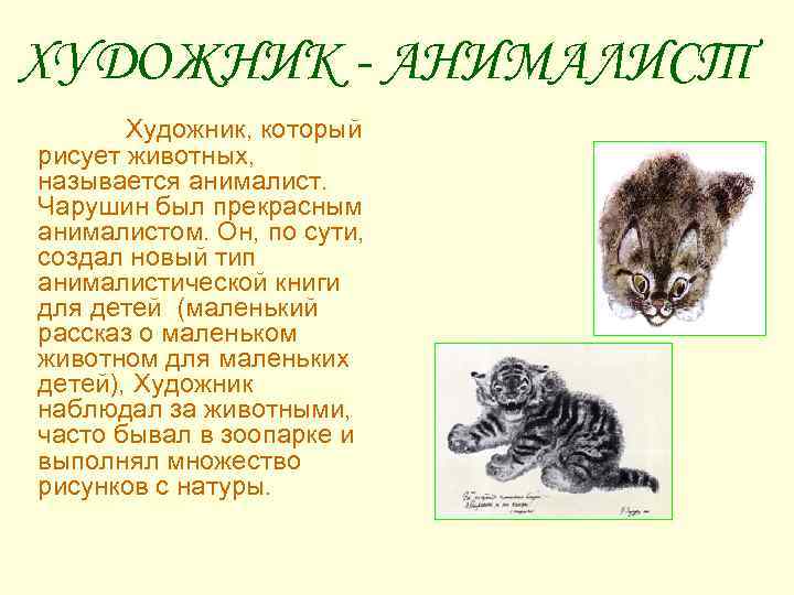 ХУДОЖНИК - АНИМАЛИСТ Художник, который рисует животных, называется анималист. Чарушин был прекрасным анималистом. Он,