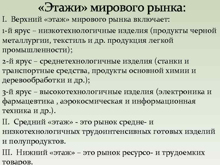  «Этажи» мирового рынка: I. Верхний «этаж» мирового рынка включает: 1 -й ярус –