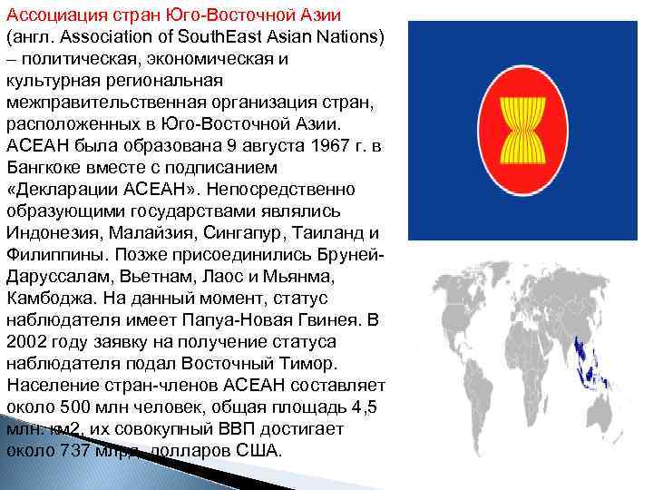 Ассоциация стран Юго-Восточной Азии (англ. Association of South. East Asian Nations) – политическая, экономическая