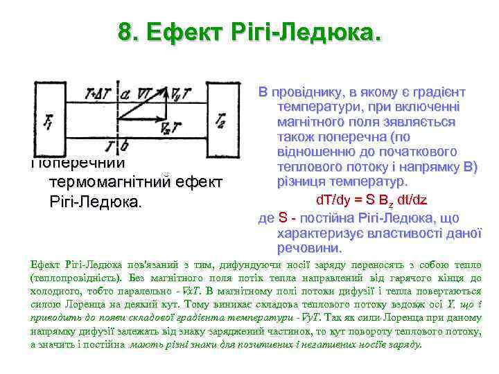 8. Ефект Рігі-Ледюка. Поперечний термомагнітний ефект Рігі-Ледюка. В провіднику, в якому є градієнт температури,