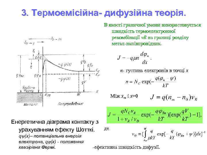 3. Термоемісійна- дифузійна теорія. В якості граничної умови використовується швидкість термоелектронної рекомбінації v. R