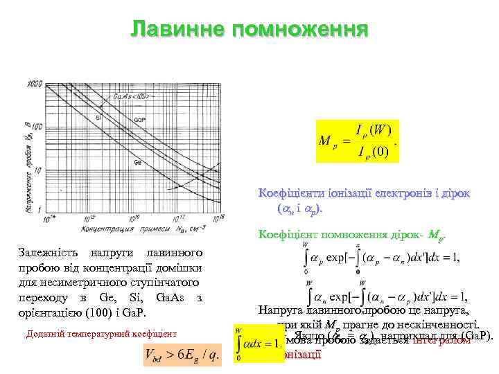 Лавинне помноження Коефіцієнти іонізації електронів і дірок ( n і p). Коефіцієнт помноження дірок-