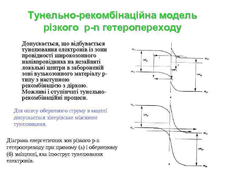 Тунельно-рекомбінаційна модель різкого p-n гетеропереходу Допускається, що відбувається тунелювання електронів із зони провідності широкозонного