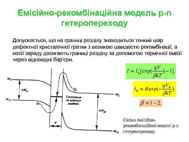 Емісійно-рекомбінаційна модель p-n гетеропереходу Допускається, що на границі розділу знаходиться тонкий шар дефектної кристалічної