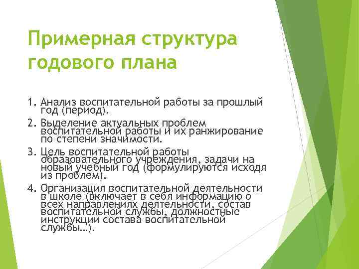 Примерная структура годового плана 1. Анализ воспитательной работы за прошлый год (период). 2. Выделение