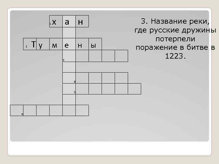 1 х а н 3. Название реки, где русские дружины потерпели поражение в битве