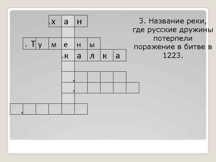 1 х а н 3. Название реки, где русские дружины потерпели поражение в битве