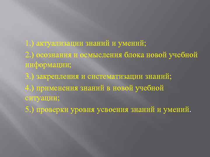 1. ) актуализации знаний и умений; 2. ) осознания и осмысления блока новой учебной