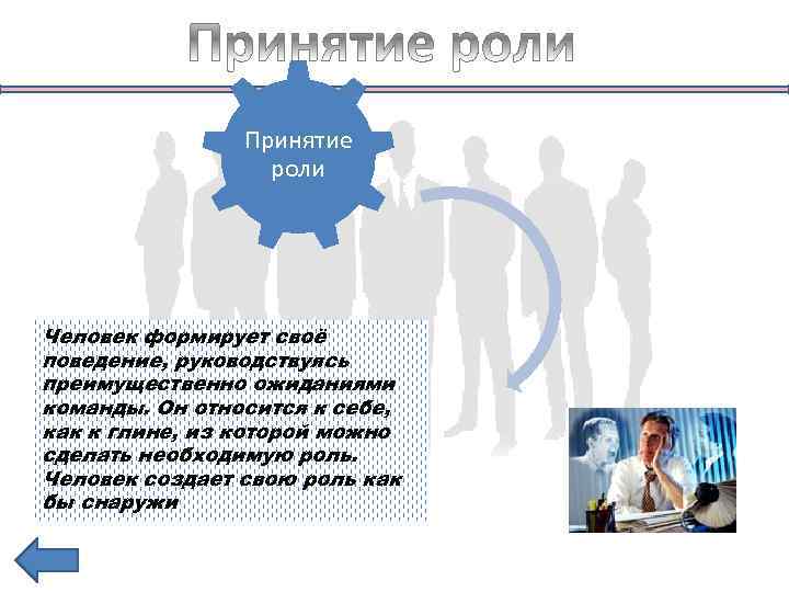 Принятие роли Человек формирует своё поведение, руководствуясь преимущественно ожиданиями команды. Он относится к себе,