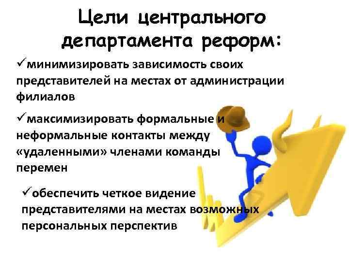 Цели центрального департамента реформ: üминимизировать зависимость своих представителей на местах от администрации филиалов üмаксимизировать
