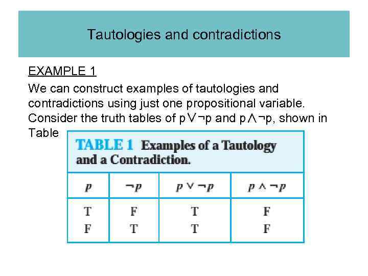 Tautologies and contradictions EXAMPLE 1 We can construct examples of tautologies and contradictions using