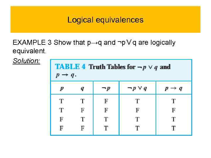 Logical equivalences EXAMPLE 3 Show that p→q and ¬p∨q are logically equivalent. Solution: 