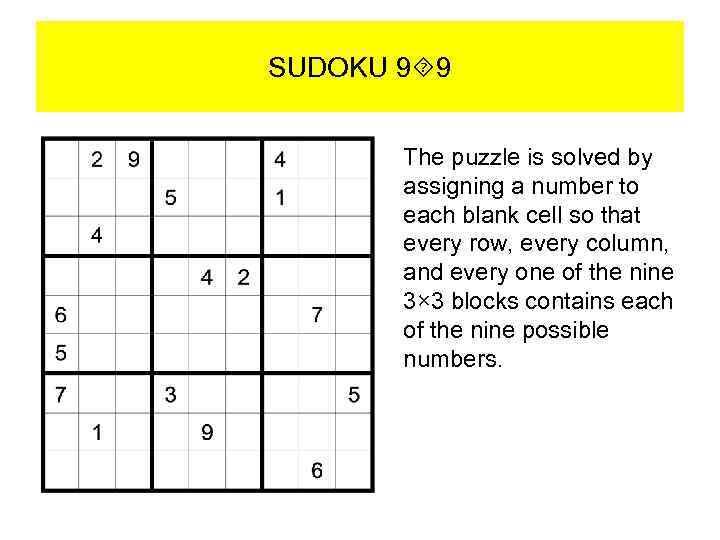 SUDOKU 9 9 The puzzle is solved by assigning a number to each blank